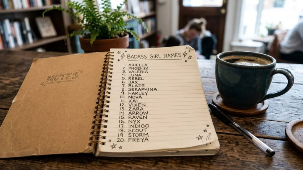 Open notebook with a handwritten list of badass girl names next to a cup of coffee