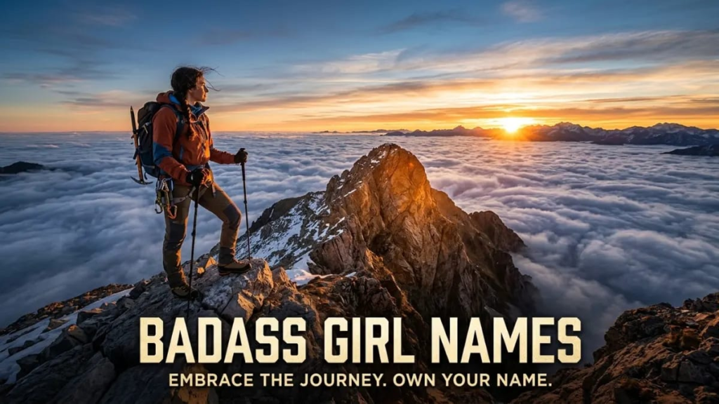 Mountain peak lit by the sunrise above clouds, closing image for badass girl names