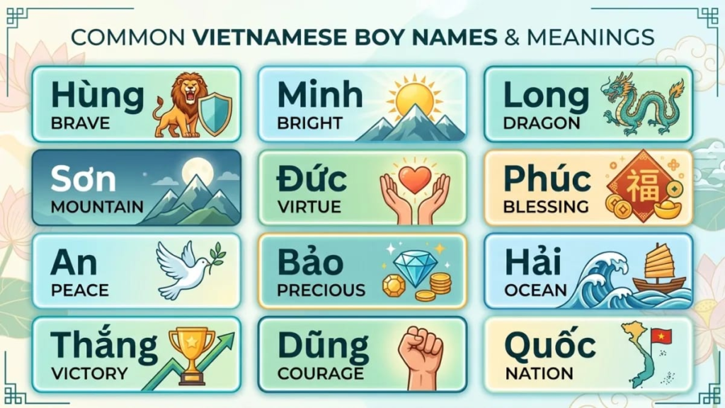 Grid of twelve Vietnamese boy names with English meanings