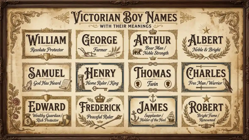 Grid of twelve Victorian boy names with meanings, including William resolute protector, George farmer, Arthur, Albert noble and bright, and Samuel God has heard