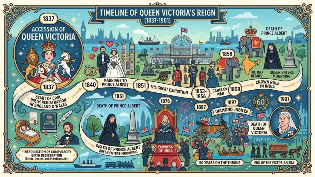Family tree chart listing Queen Victoria's nine children by name and birth year, from Victoria in 1840 to Beatrice in 1857