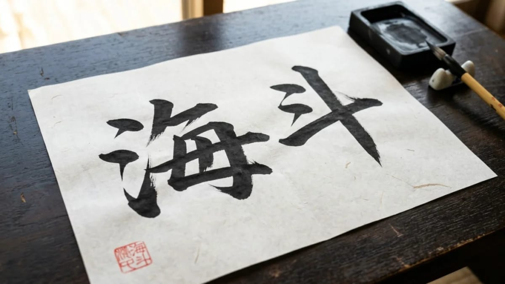 Japanese calligraphy showing the kanji for a boy's name on rice paper