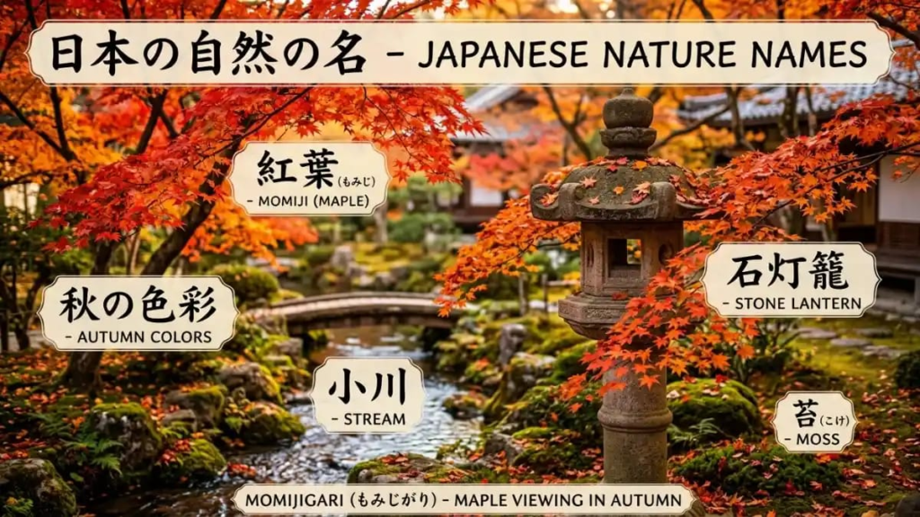 Maple leaves and a stone lantern in a Japanese garden in autumn