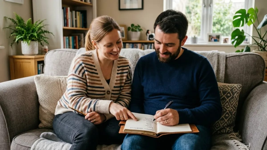 Parents sitting on a sofa writing a shortlist of names in a notebook