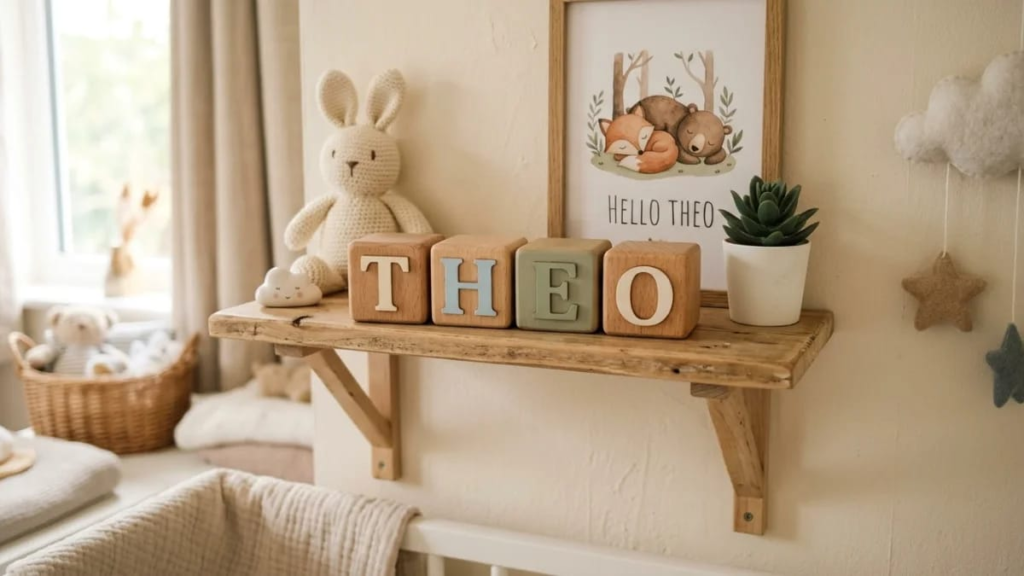 Wooden name blocks spelling a baby's name on a nursery shelf