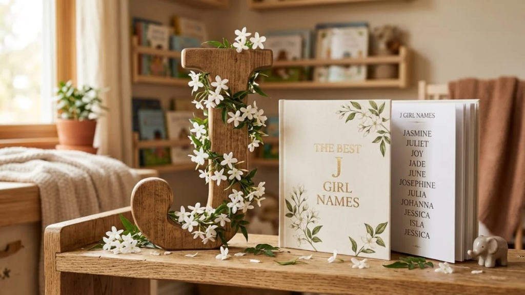 Featured image for J girl names, showing a wooden letter J with jasmine flowers and a baby name book.