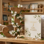 Featured image for J girl names, showing a wooden letter J with jasmine flowers and a baby name book.