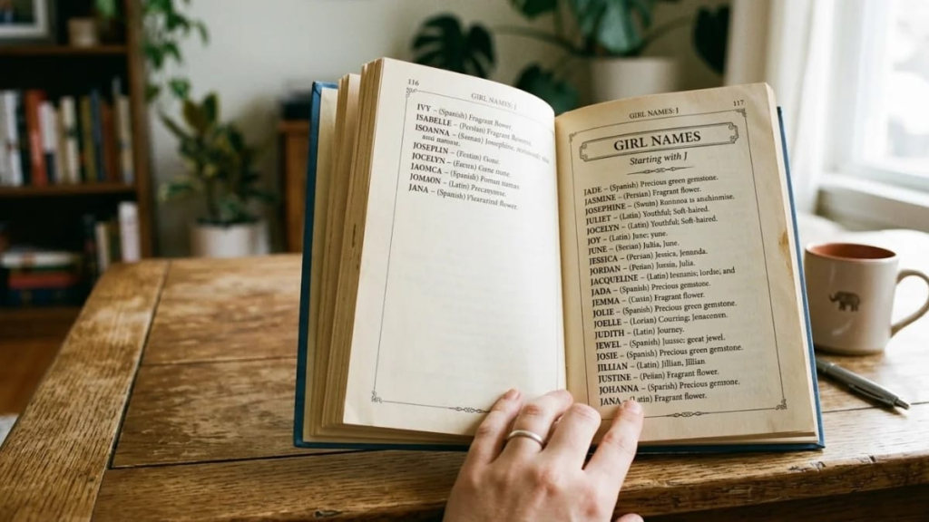 Open baby name book showing girl names that start with J.