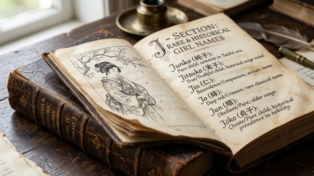 Antique book representing rare and historic J girl names.