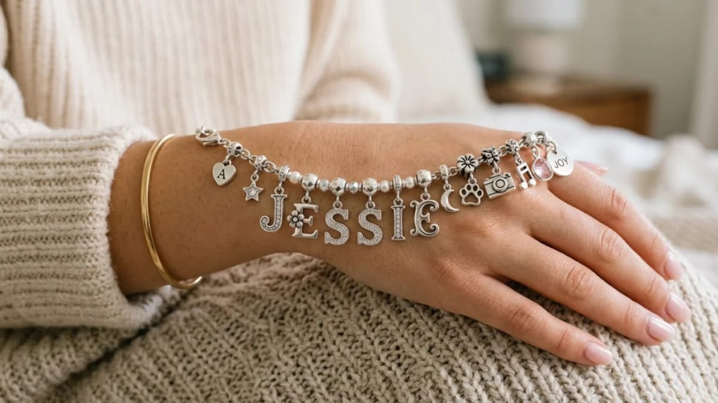 Charm bracelet spelling a nickname for a J girl name.