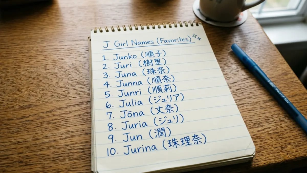 Handwritten shortlist of favorite J girl names on a notepad