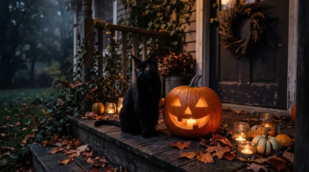 A black cat sitting beside a carved pumpkin on a porch step