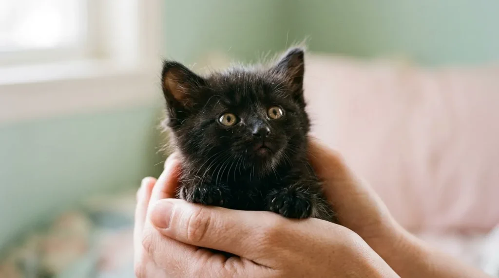 Close-up of a black cat with bright green eyes