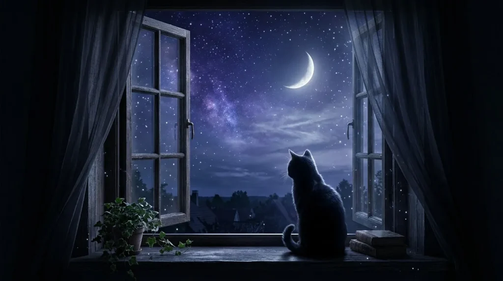 A black kitten standing outside window