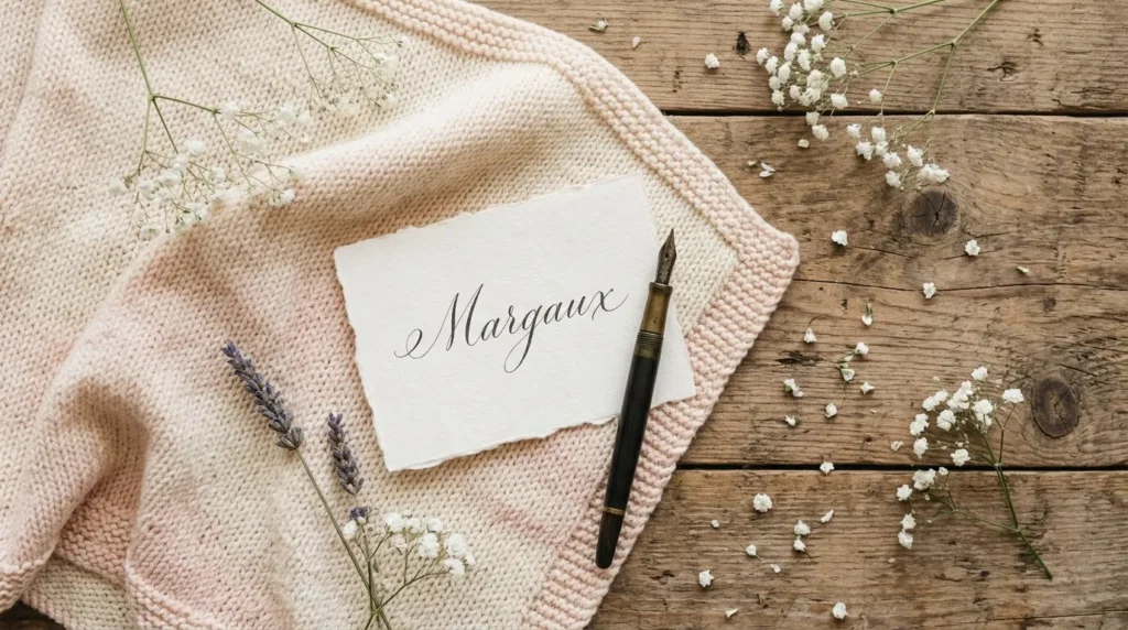 Pastel baby blanket with a hand-lettered name card on a wooden table