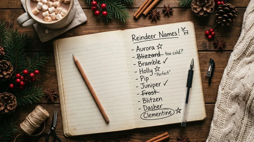 Notebook with a handwritten list of reindeer names next to a pencil