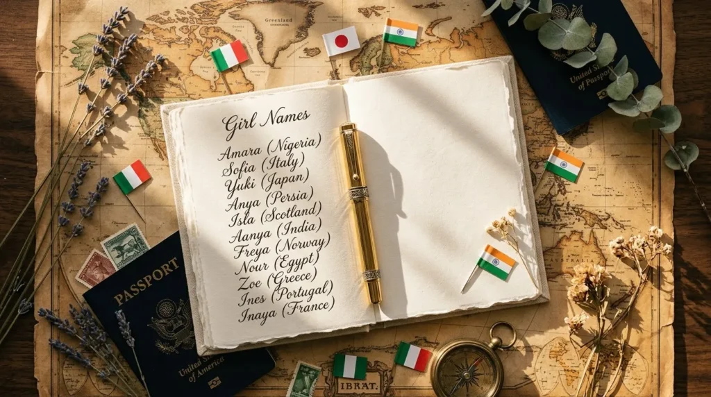 World map with small flags and a notebook listing girl names from different countries