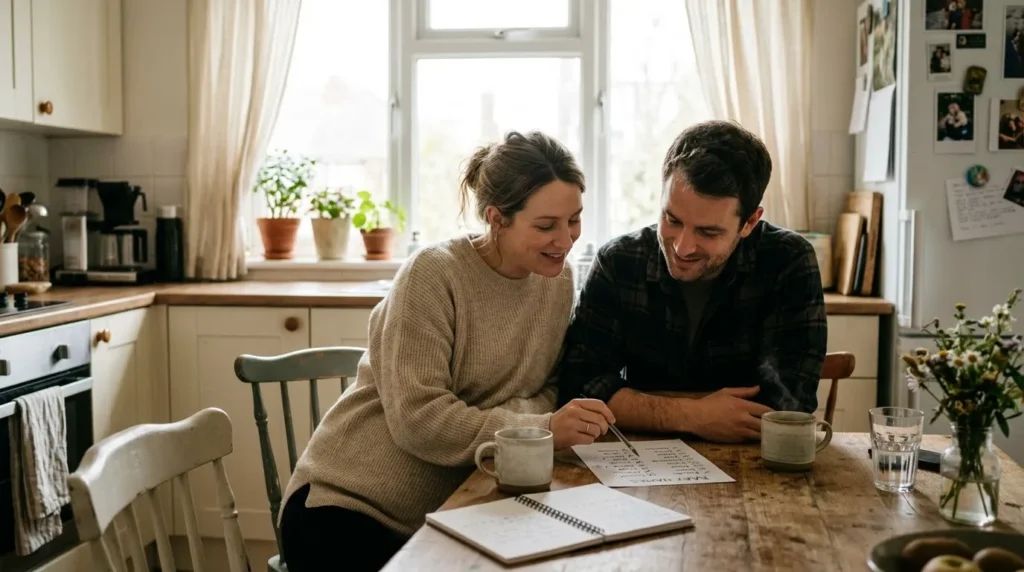 Parents reading a printed shortlist of baby names at a kitchen table