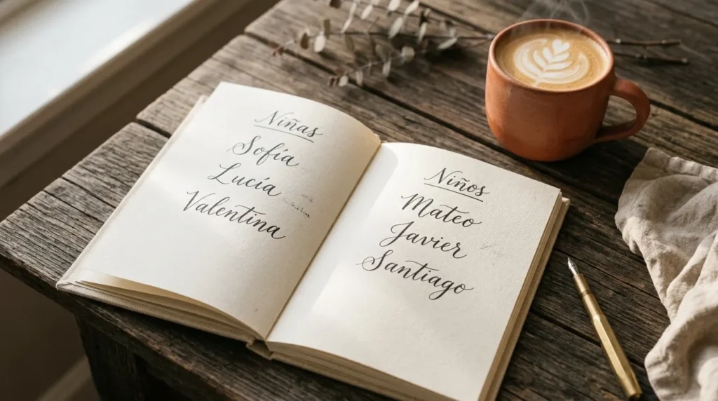 ALT TEXT: Open baby name book with a handwritten list of Spanish names beside a cup of coffee