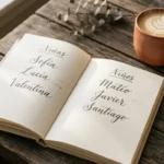 ALT TEXT: Open baby name book with a handwritten list of Spanish names beside a cup of coffee