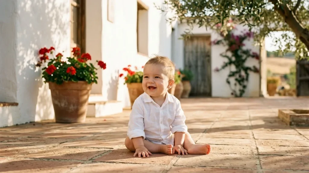 Smiling Spanish names of boy in a white shirt sitting on a sunlit terrace in southern Spain