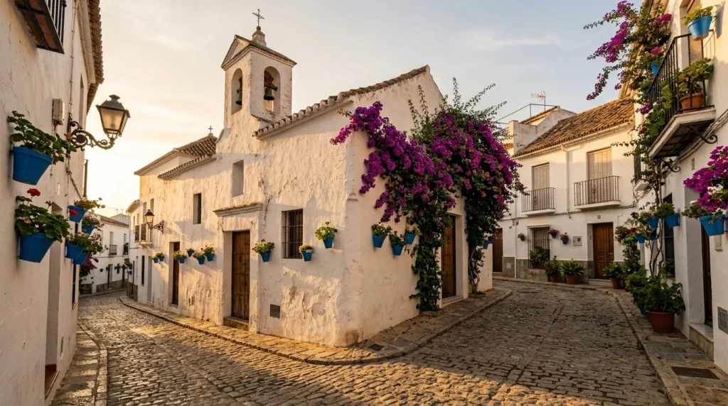 Small white church with a bell tower on a quiet cobbled street in an Andalusian village