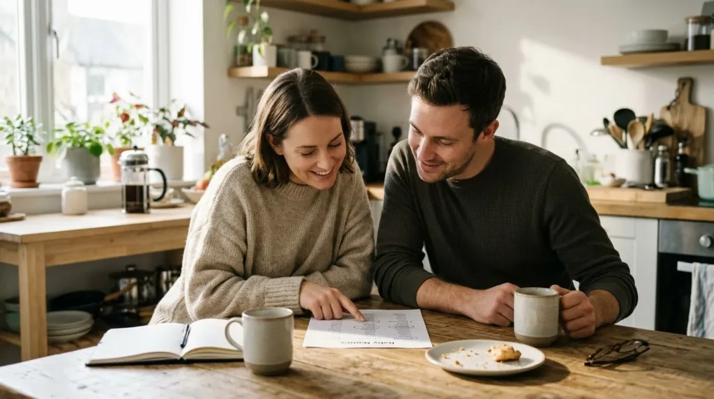ALT TEXT: Open baby name book with a handwritten list of girl names beside a cup of tea