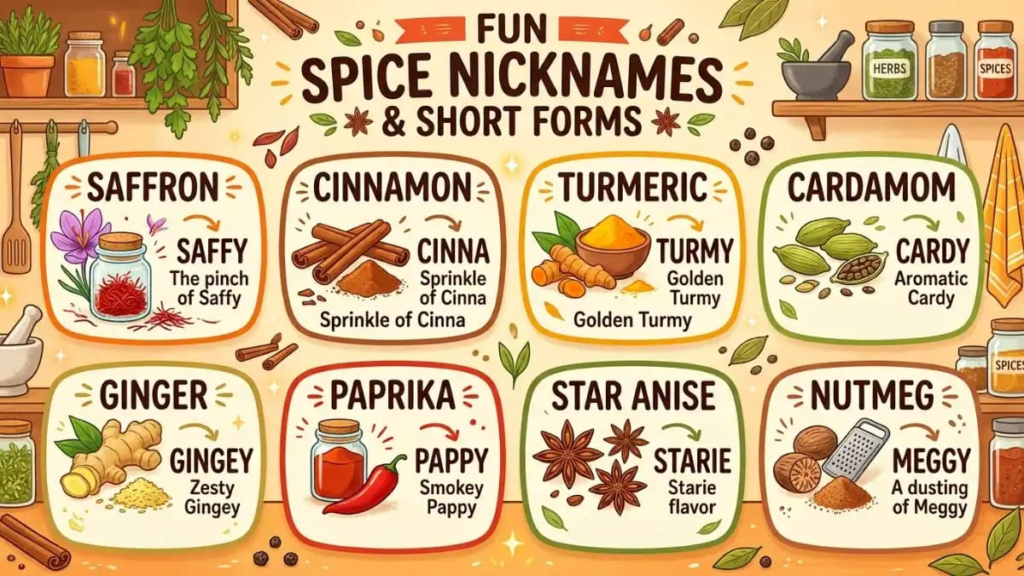 ALT TEXT: Graphic showing short forms of spice names, such as Saffron to Saffy and Cinnamon to Cinna
