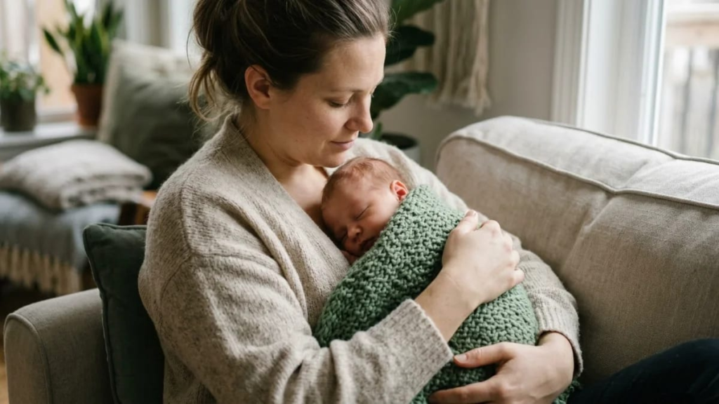 A parent holding a newborn baby wrapped in a green knitted blanket