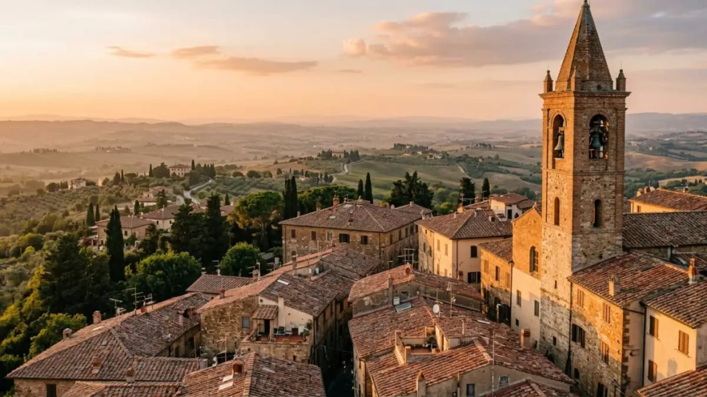 Terracotta rooftops and a bell tower in a Tuscan hill town at golden hour"