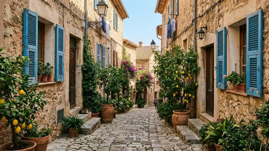 "Rustic stone alley in a small Italian village with lemon trees and blue shutters"
