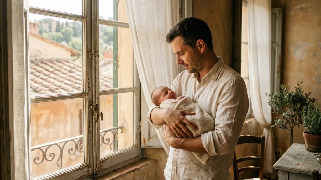 A father holding a newborn baby wrapped in a cream blanket beside a sunlit Italian window"