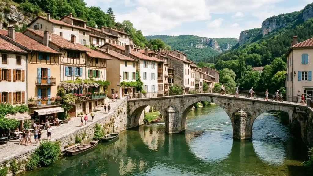 Stone bridge over a river in a French village with old houses along the bank