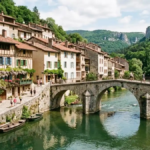 Stone bridge over a river in a French village with old houses along the bank