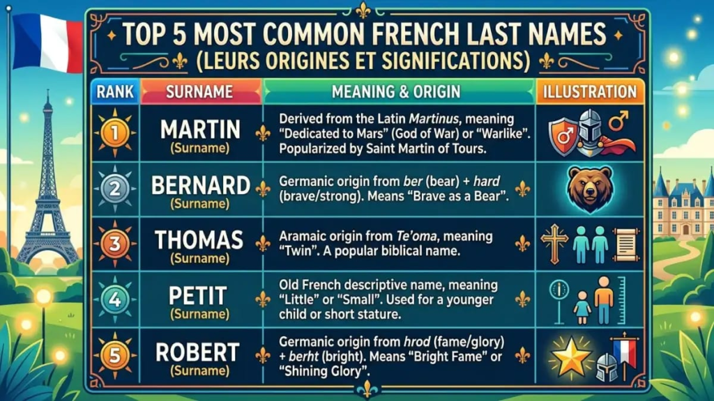 Chart listing the five most common French last names with their meanings