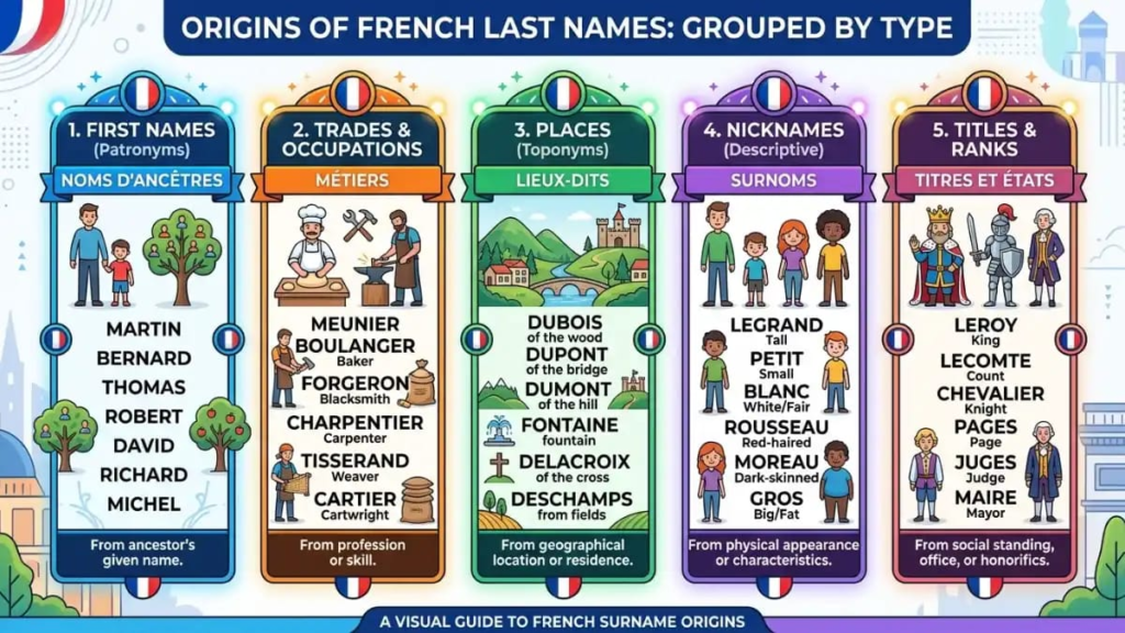 Infographic showing French last names grouped by type: first names, trades, places, nicknames and titles