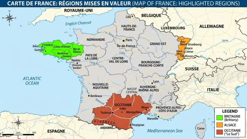 ALT TEXT: Map of France with Brittany, Alsace and the south marked in different colours