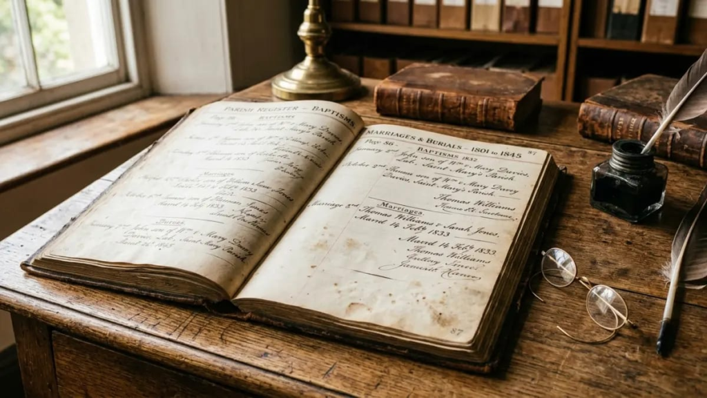 Old handwritten parish register open on a wooden desk beside reading glasses