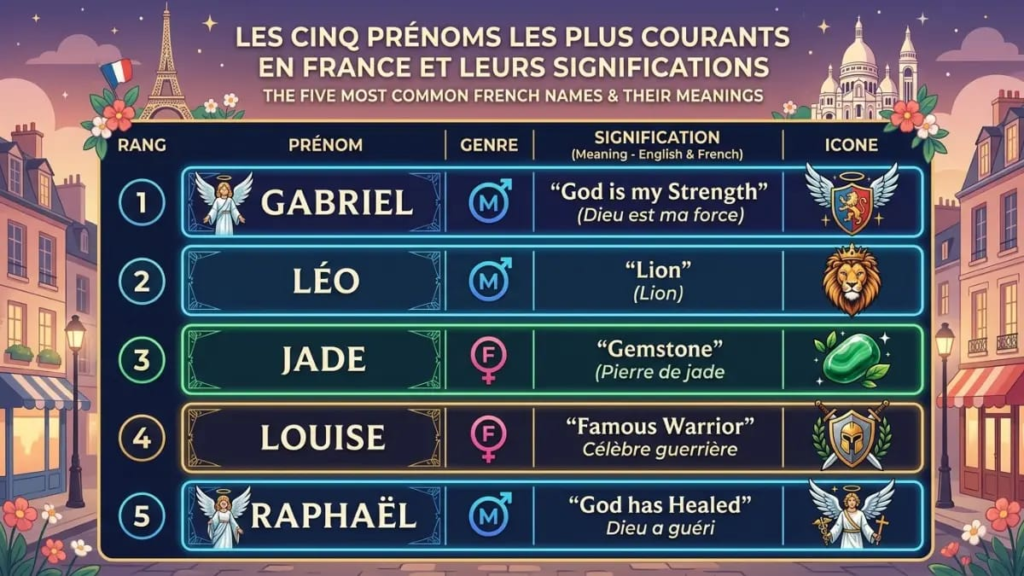Illustrated baby girl with a flower crown beside the names Capucine, Aurélie and Mireille
