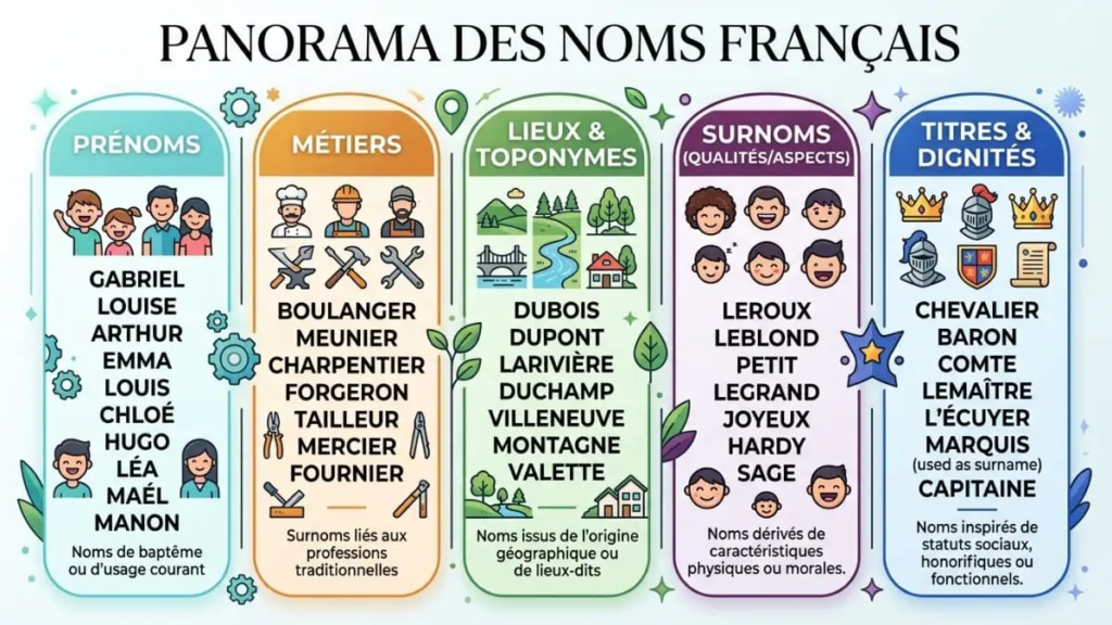 Illustrated baby boy in a small beret next to the names Louis, Jules and Maël