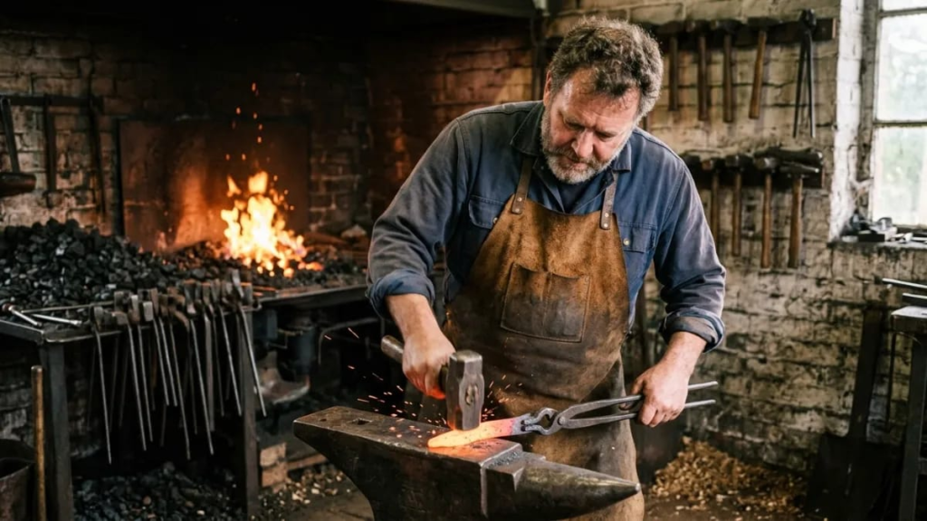 Blacksmith hammering a piece of hot iron on an anvil in a workshop
