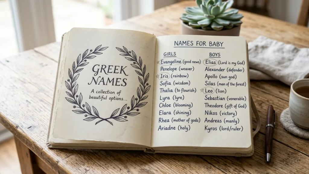 Baby name journal open on a table with a laurel wreath sketch and a handwritten list of Greek names