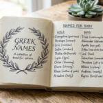 Baby name journal open on a table with a laurel wreath sketch and a handwritten list of Greek names