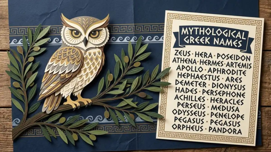 Paper-cut illustration of Athena's owl and an olive branch beside a card listing mythological Greek names