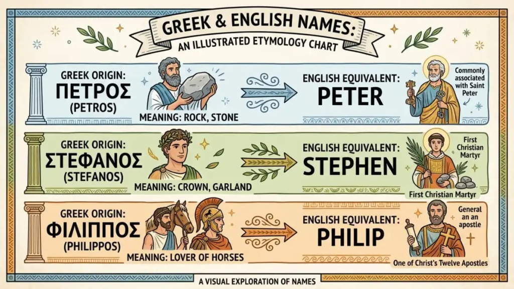 ALT TEXT: Illustrated chart linking the Greek names Petros, Stefanos and Philippos to Peter, Stephen and Philip