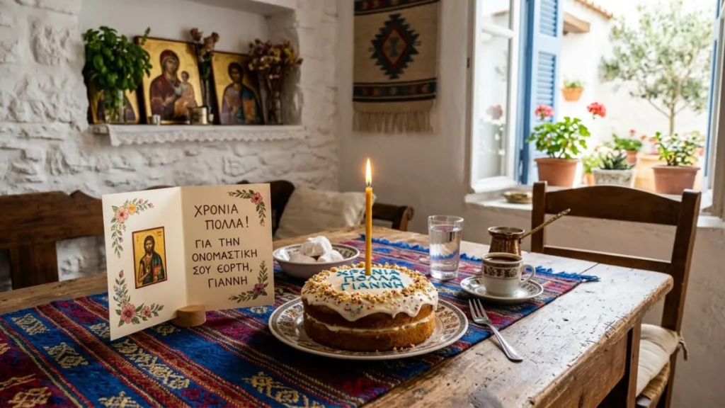 ALT TEXT: Small cake with a lit candle and a name day card on a table in a Greek home
