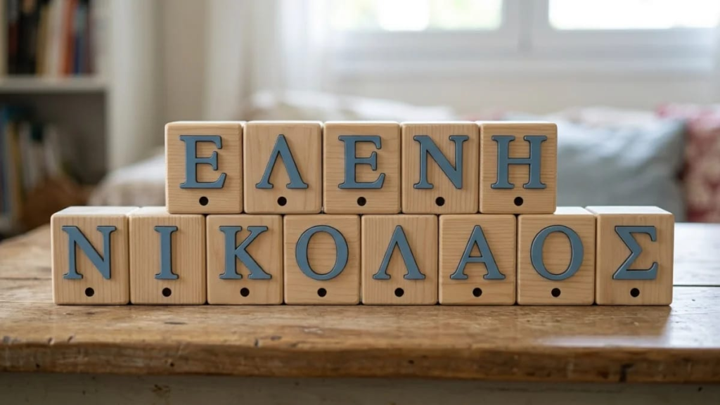 Wooden Greek alphabet blocks spelling out Eleni and Nikolaos with syllable marks underneath