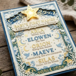 Paper-cut baby name card with a gold star and a short list of unique names with meanings