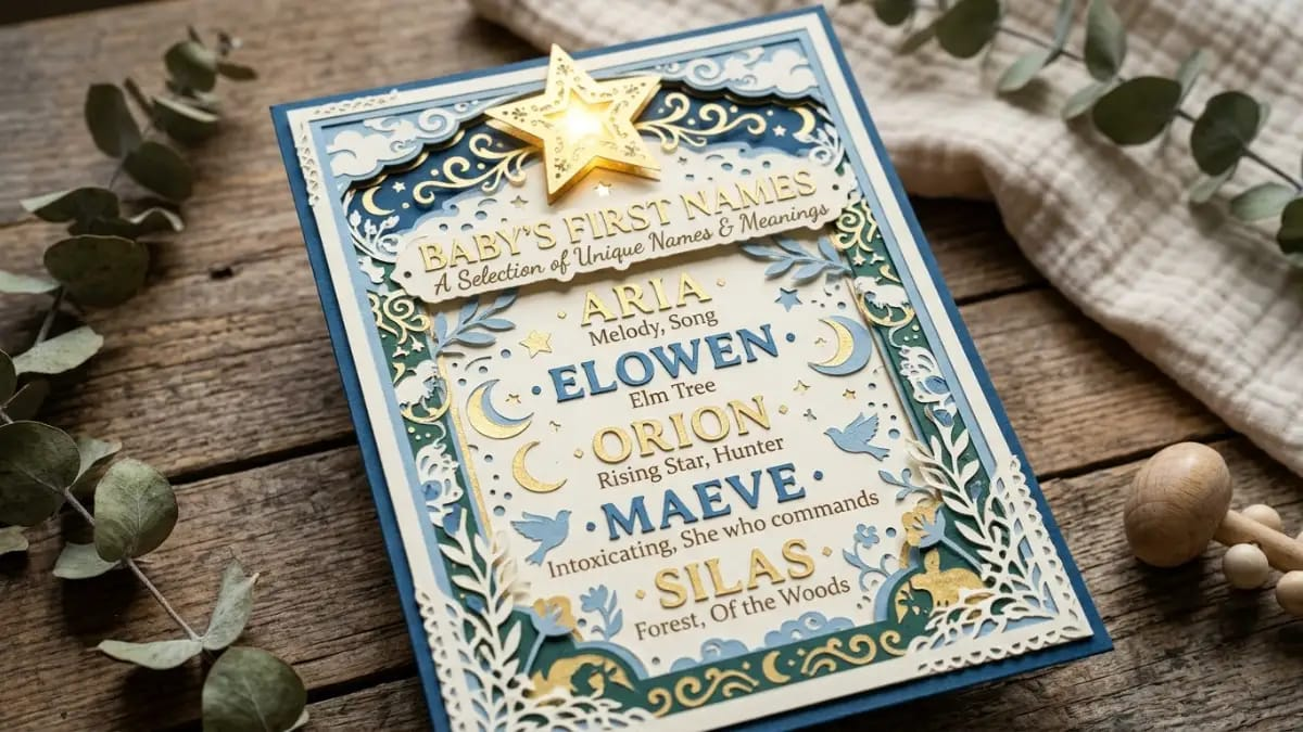 Paper-cut baby name card with a gold star and a short list of unique names with meanings