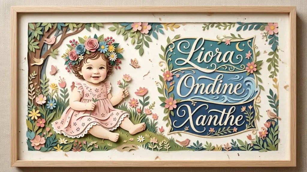 ALT TEXT: Paper-cut baby girl with a flower crown beside the names Liora, Ondine and Xanthe
